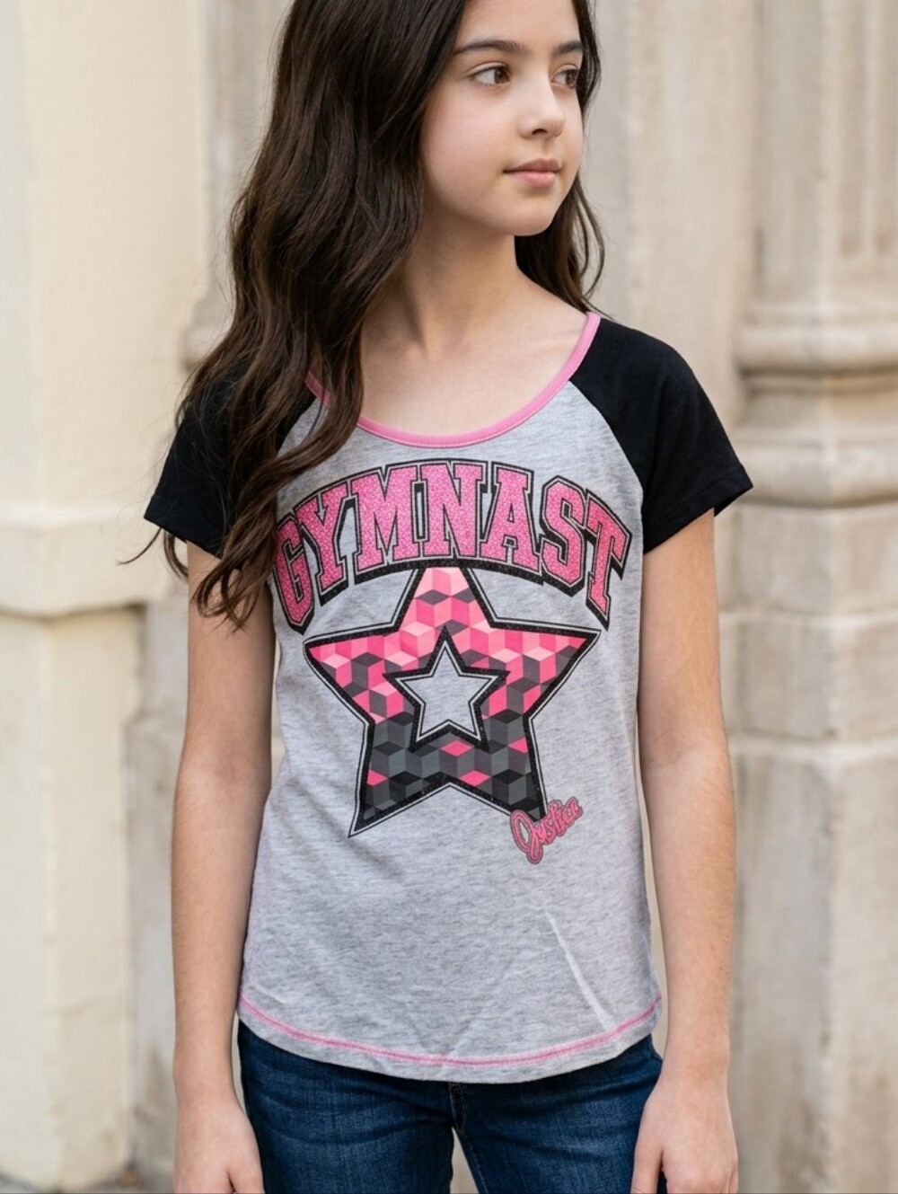 Justice Girls 8 GYMNAST Pink Glitter Raglan T-Shirt Black Gray Tee Knit Top